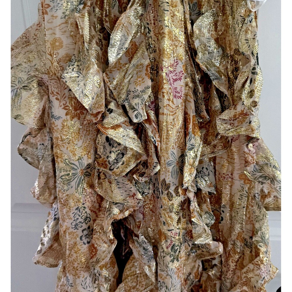 1.STATE Women's Sleeveless Cascading Ruffle Maxi Dress Cream Gold Multi Size M - Picture 9 of 15